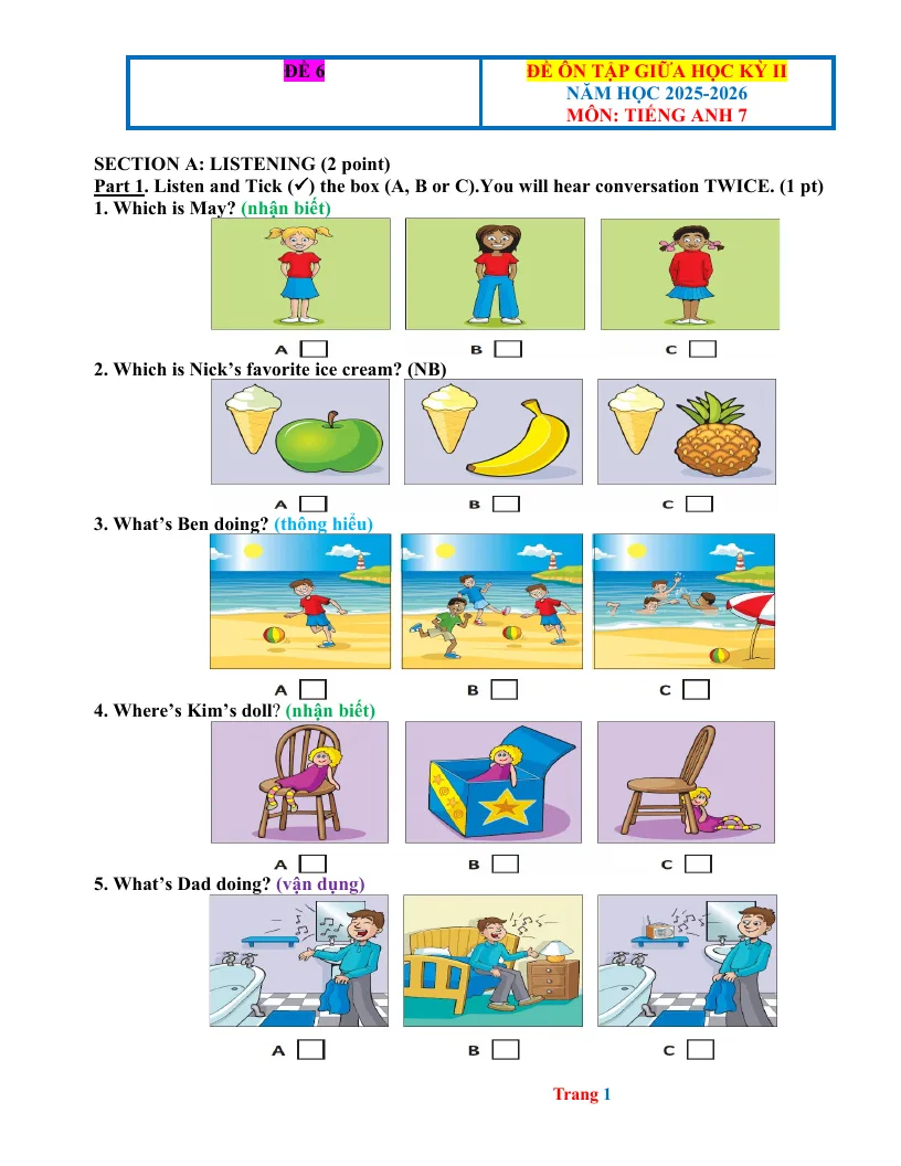 Đề Ôn Giữa Học Kỳ 2 Anh 7 2025 - 2026 Có File Nghe Đáp Án - Đề 6