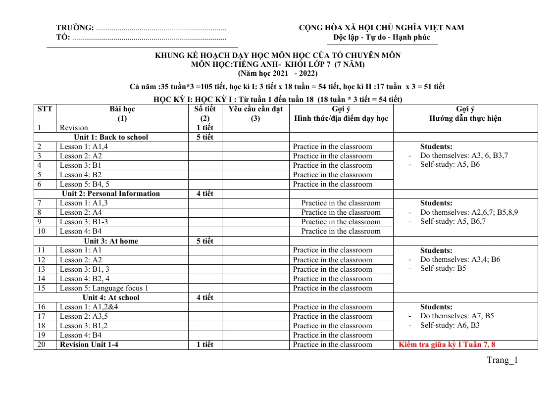 Kế Hoạch Dạy Học Tiếng Anh Lớp 7, 8, 9 Theo CV 4040