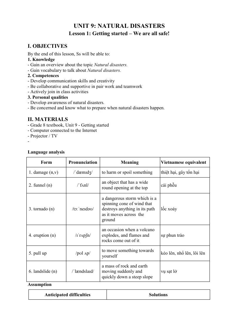 Giáo Án Tiếng Anh 8 Unit 9 Natural Disasters