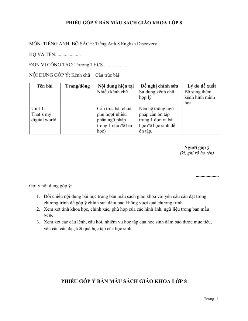 Bộ Phiếu Góp Ý Sách Giáo Khoa Tiếng Anh 8 English Discovery