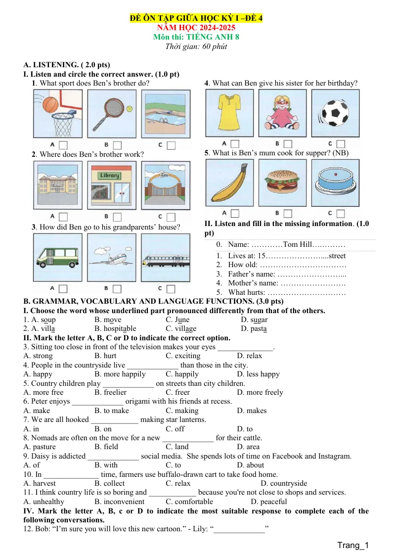 Đề Thi Giữa HK1 Anh 8 Có Đáp Án Và File Nghe - Đề 4