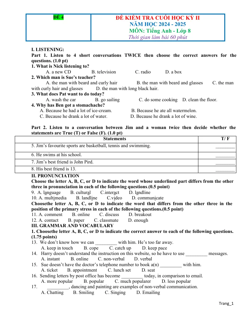 Đề Thi Học Kỳ 2 Anh 8 Có Đáp Án Và File Nghe - Đề 4