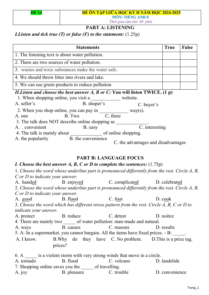 Đề Ôn Tập Giữa HK2 Môn Anh 8 Có Đáp Án Và File Nghe - Đề 14