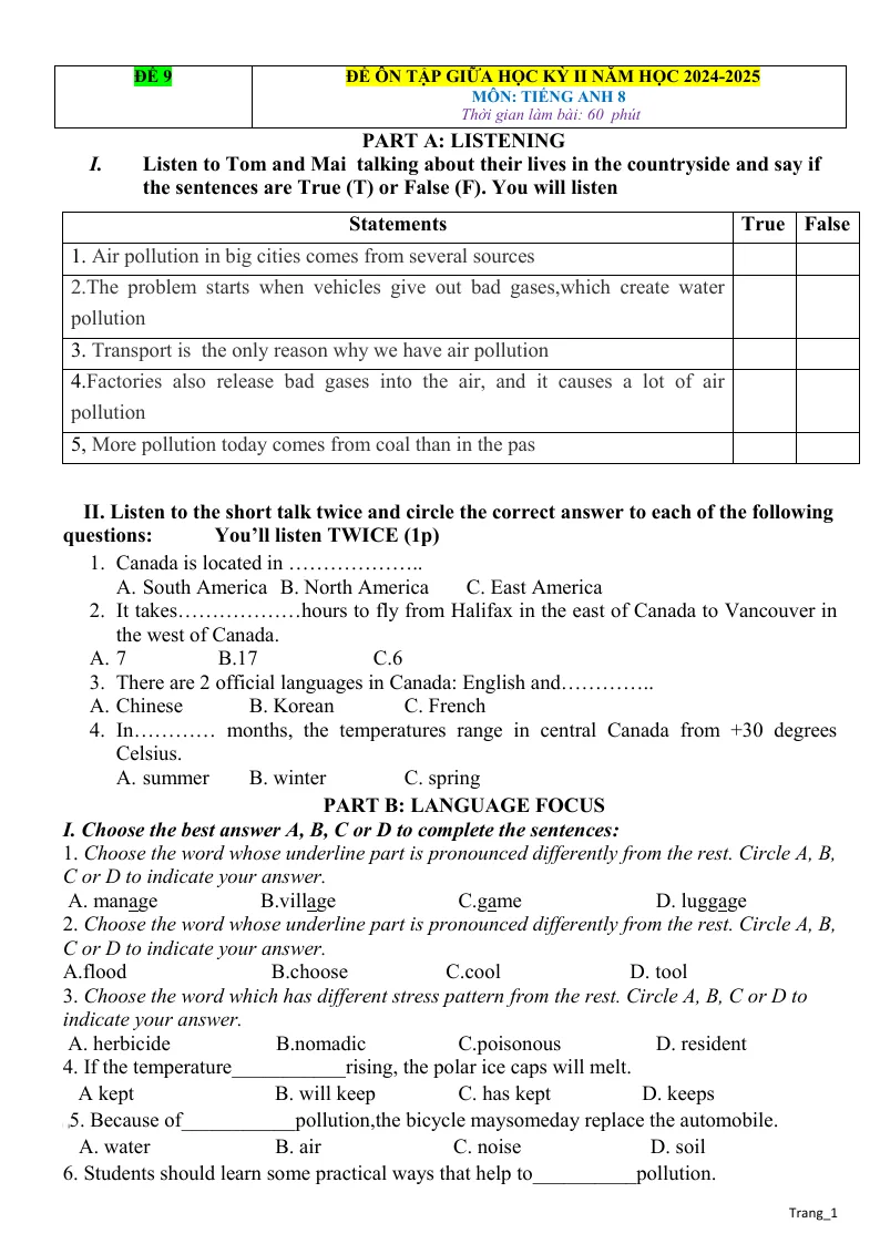 Đề Thi Giữa HK2 Anh 8 Có Đáp Án Và File Nghe - Đề 9