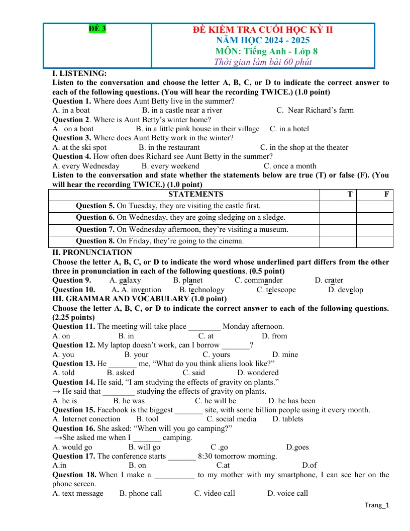 Đề Thi Học Kỳ 2 Tiếng Anh 8 Có Đáp Án Và File Nghe - Đề 3