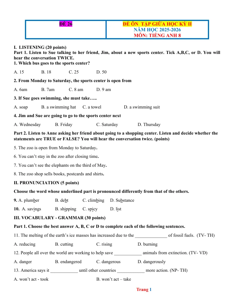 Đề Ôn Giữa HK2 Anh 8 2025 - 2026 Có Đáp Án File Nghe - Đề 26