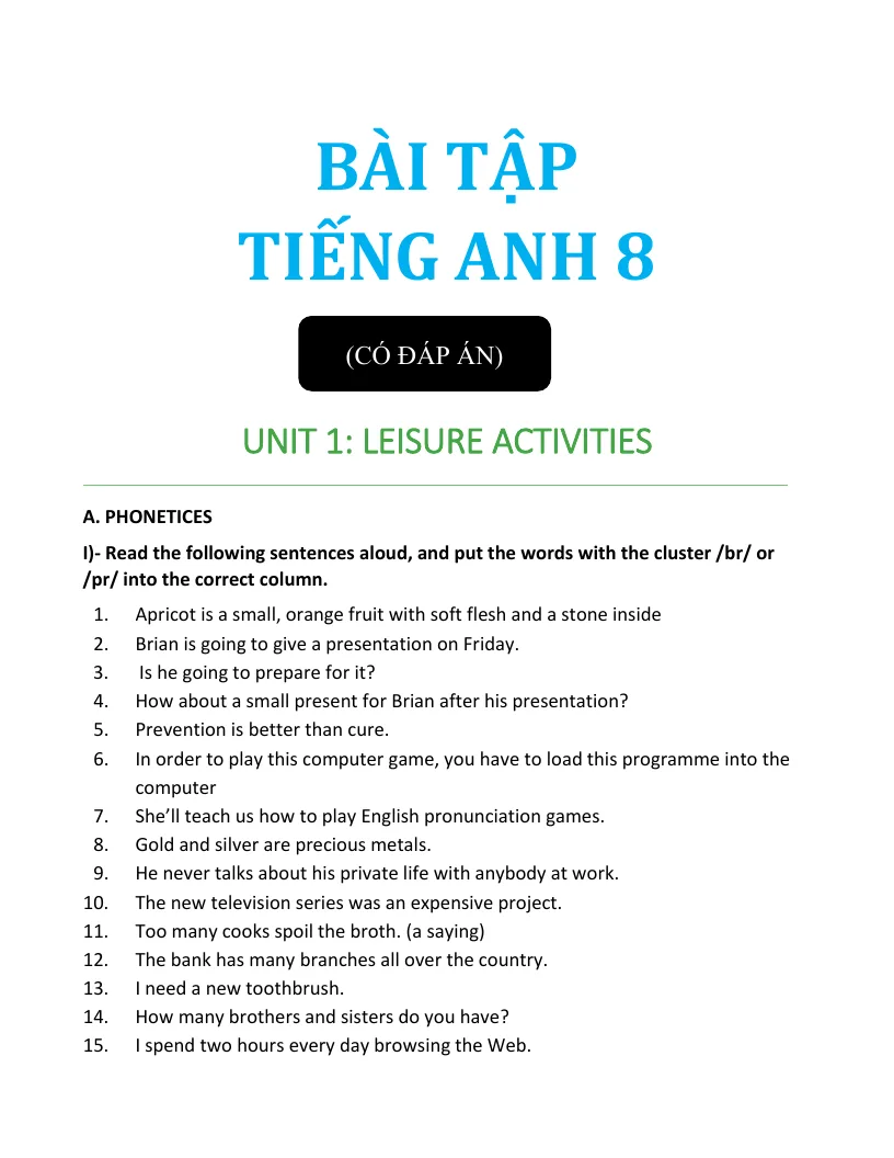 Bài Tập Tiếng Anh 8 Cả Năm Sách Thí Điểm