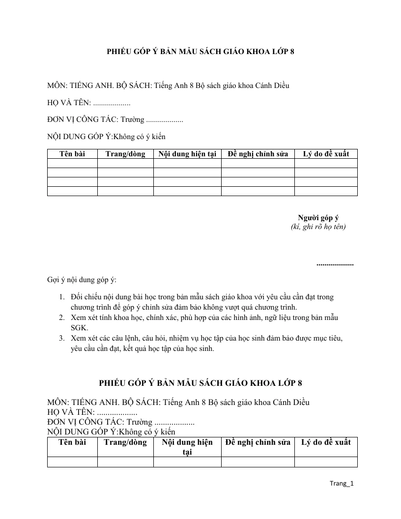 Bộ Phiếu Góp Ý Sách Giáo Khoa Tiếng Anh 8