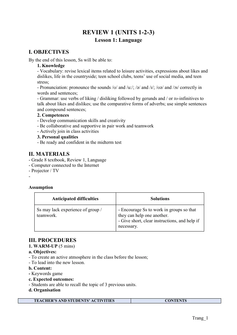 Giáo Án Tiếng Anh 8 Review 1 (Units 1 - 2 - 3)