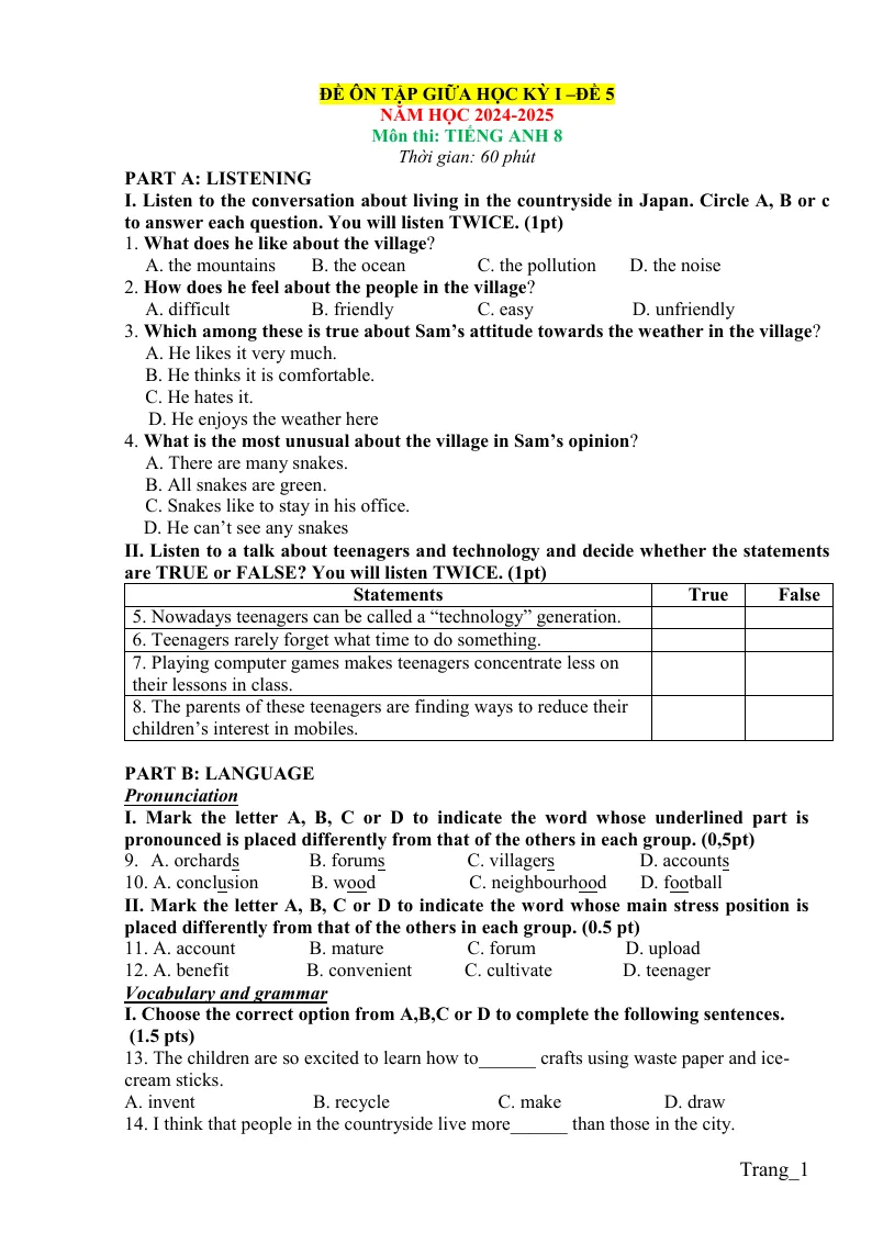 Đề Thi Giữa HK 1 Anh 8 Có Đáp Án Và File Nghe - Đề 5