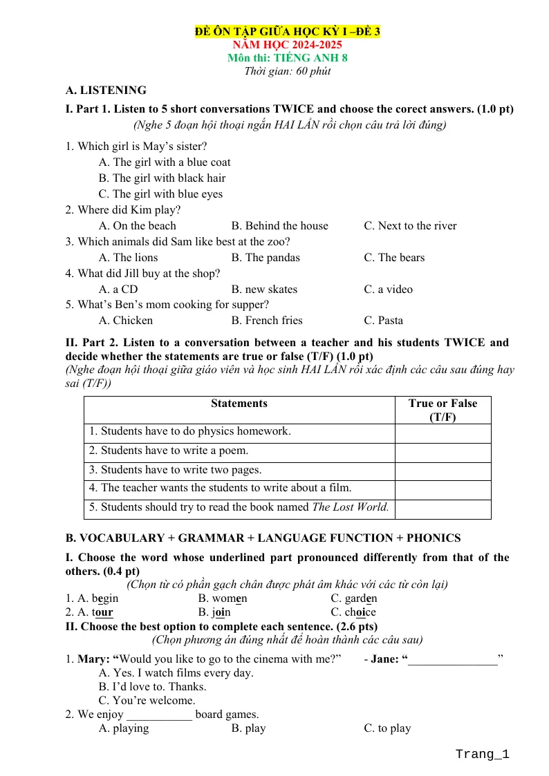 Đề Kiểm Tra Giữa HK1 Anh 8 Có Đáp Án Và File Nghe - Đề 3