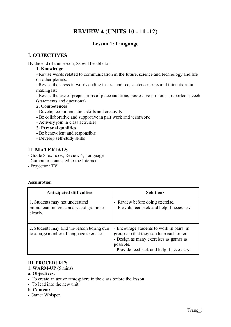 Giáo Án Tiếng Anh 8 Review 4 (Units 10 - 11 - 12)