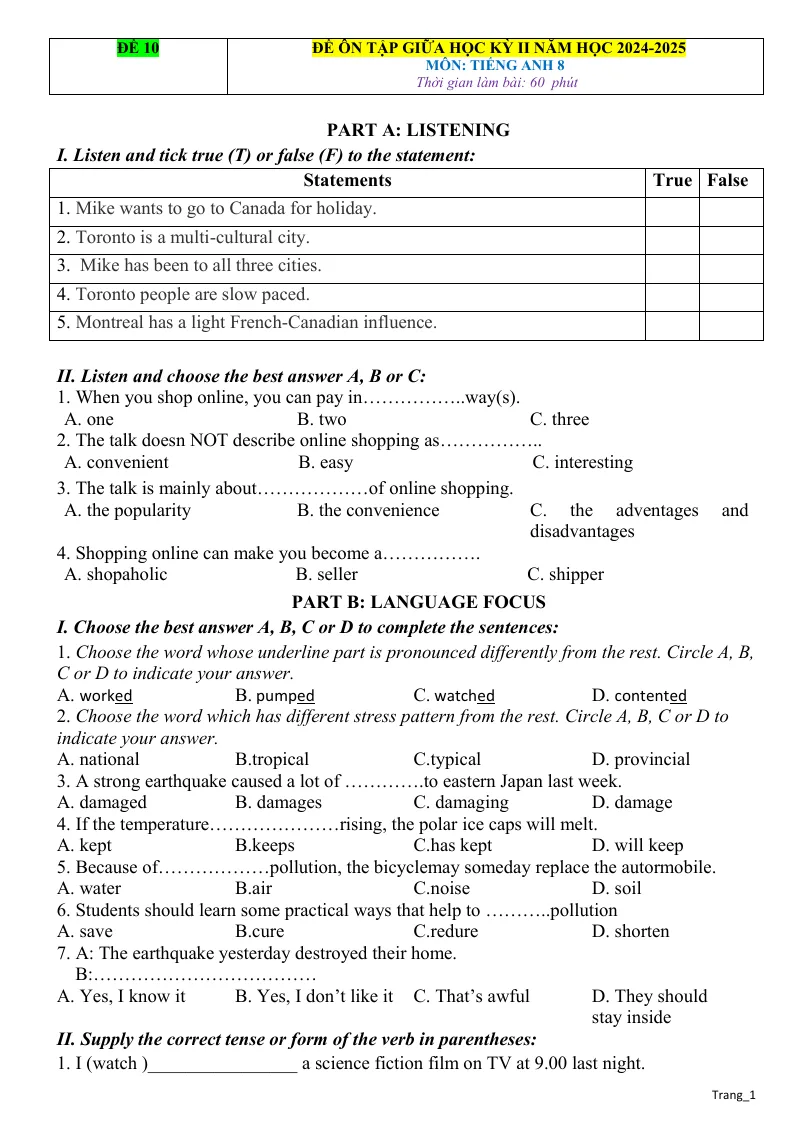 Đề Thi Giữa HK2 Môn Anh 8 Có Đáp Án Và File Nghe - Đề 10