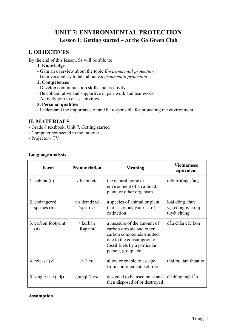 Giáo Án Tiếng Anh 8 Unit 7 Environmental Protection