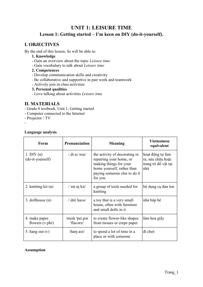 Giáo Án Tiếng Anh 8 Unit 1 Leisure Time
