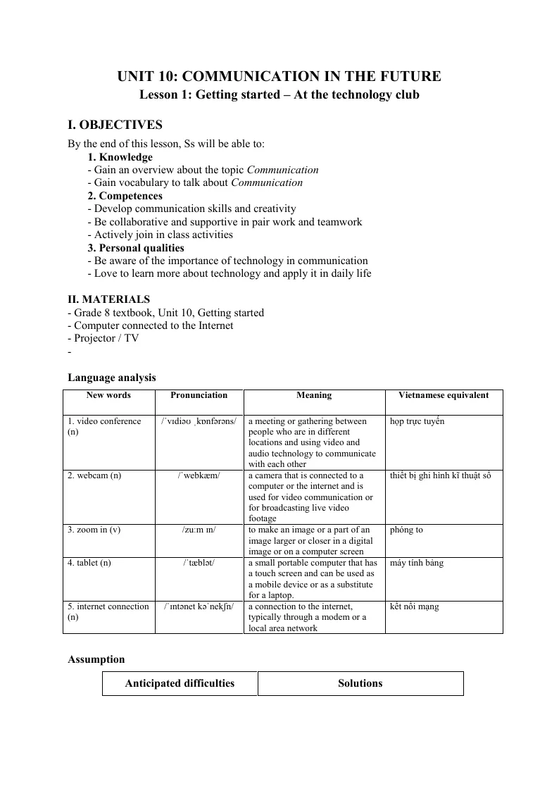 Giáo Án Tiếng Anh 8 Unit 10 Communication In The Future