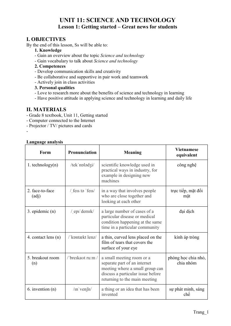 Giáo Án Tiếng Anh 8 Unit 11 Science And Technology