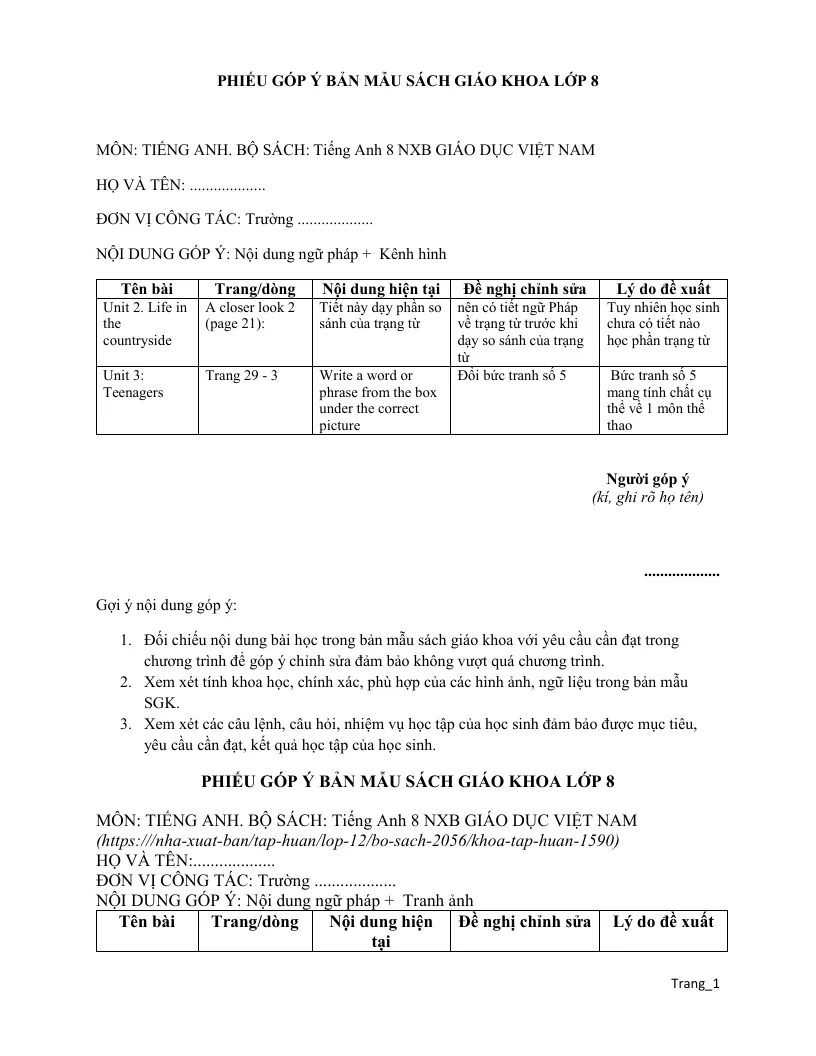 Bộ Phiếu Góp Ý SGK Tiếng Anh 8 Nhà Xuất Bản Giáo Dục