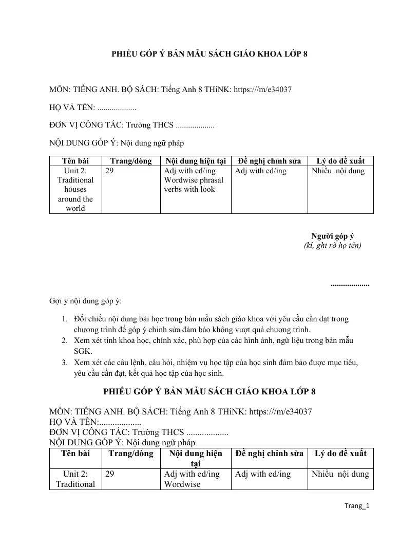 Bộ Phiếu Góp Ý Sách Giáo Khoa Tiếng Anh 8 Think