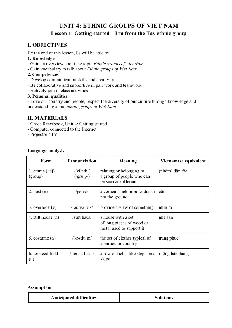 Giáo Án Tiếng Anh 8 Unit 4 Ethnic Groups Of Viet Nam