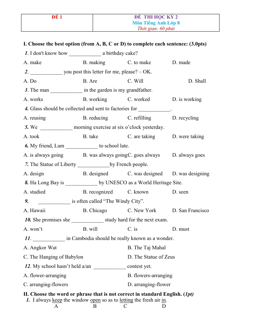 20 Đề Thi Học Kỳ 2 Môn Tiếng Anh 8
