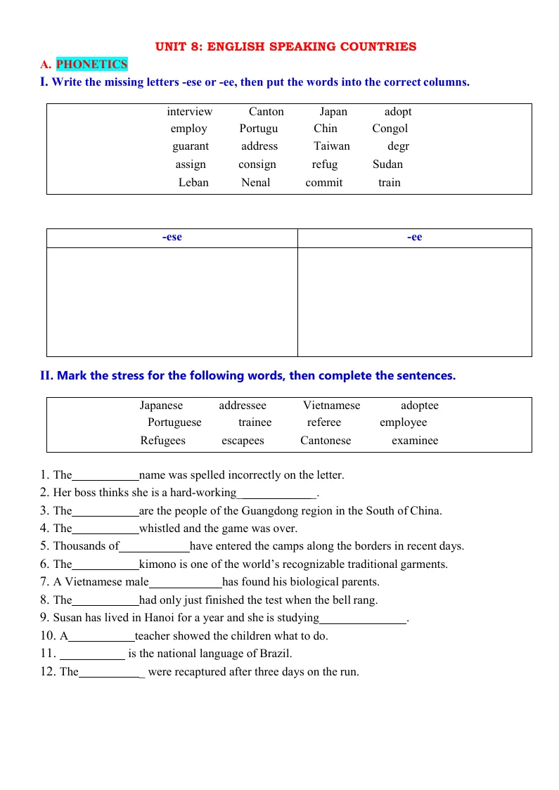 Bài Tập Tiếng Anh 8 Chương Trình Mới Bài 8: English Speaking Countries Có Đáp Án - Mai Lan Hương - Hà Thanh Uyên