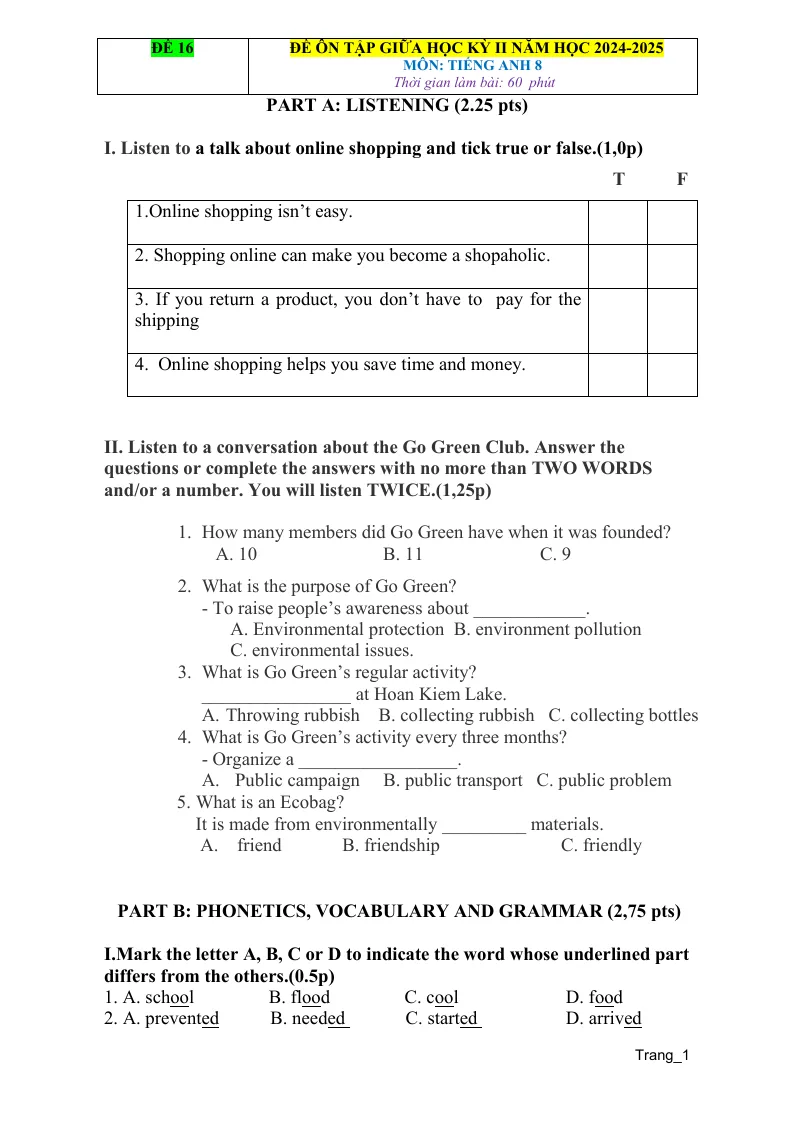 Đề Ôn Tập Giữa HK 2 Môn Anh 8 Có Đáp Án Và File Nghe - Đề 16