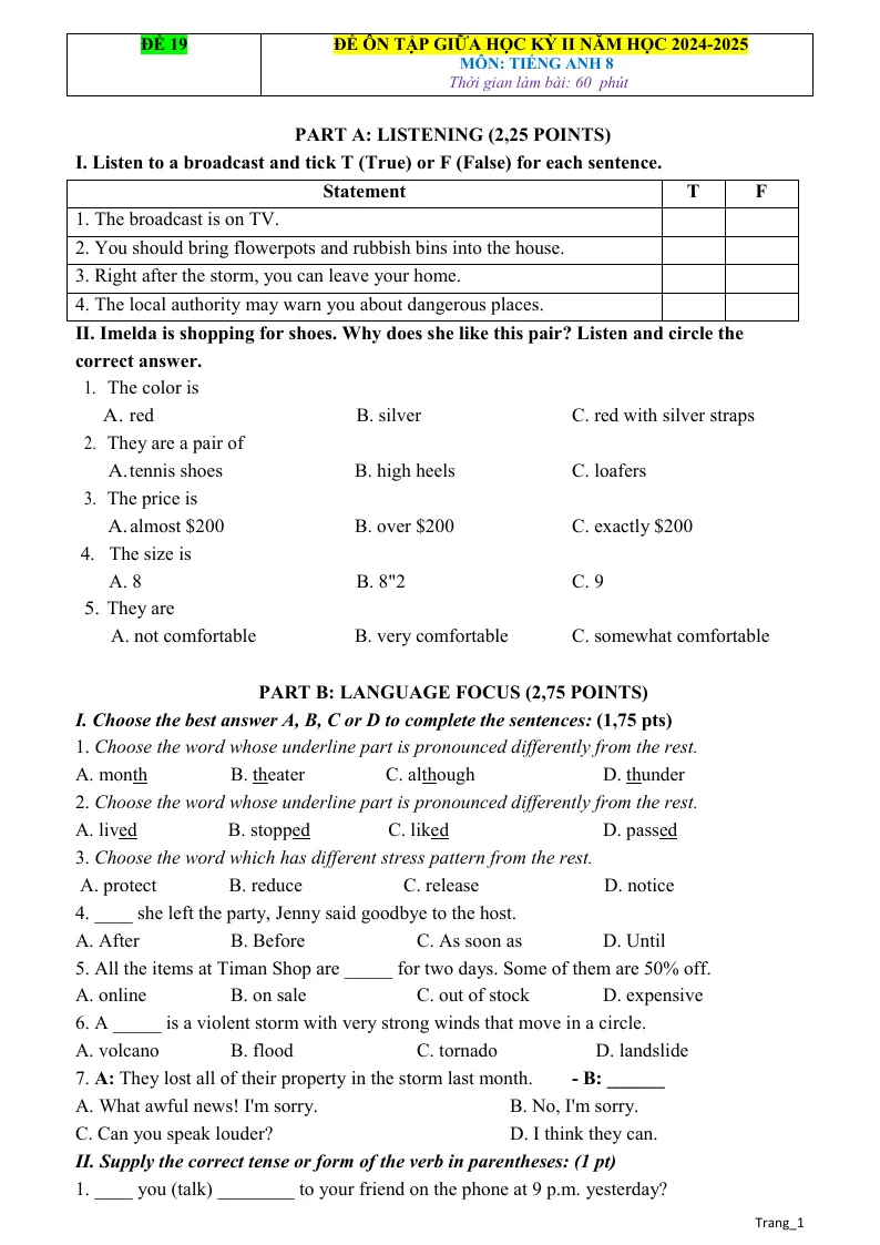 Đề Ôn Tập Giữa Kỳ 2 Anh 8 Có Đáp Án Và File Nghe - Đề 19
