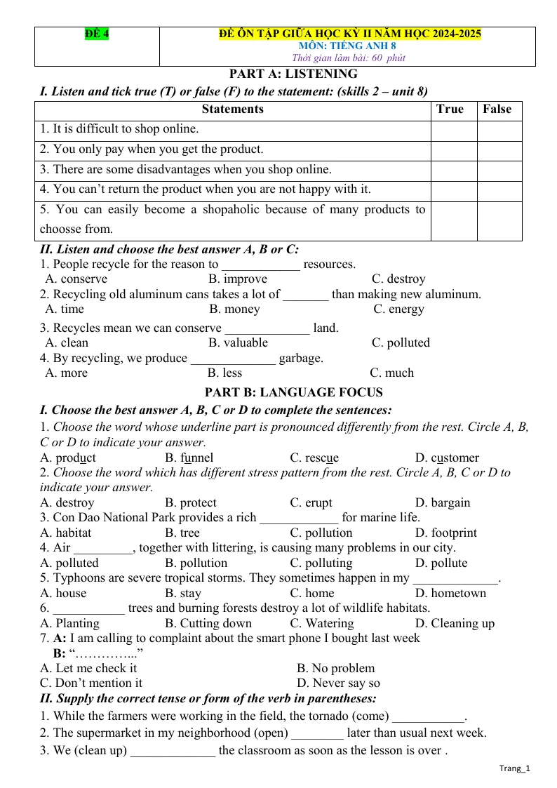 Đề Kiểm Tra Giữa HK 2 Tiếng Anh 8 Có Đáp Án Và File Nghe - Đề 4