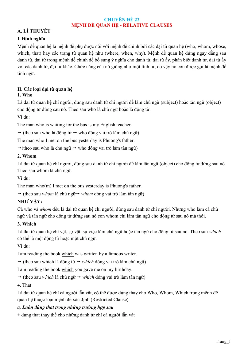 Chuyên Đề Ngữ Pháp Tiếng Anh: Chuyên Đề 22 Mệnh Đề Quan Hệ - Relative Clauses