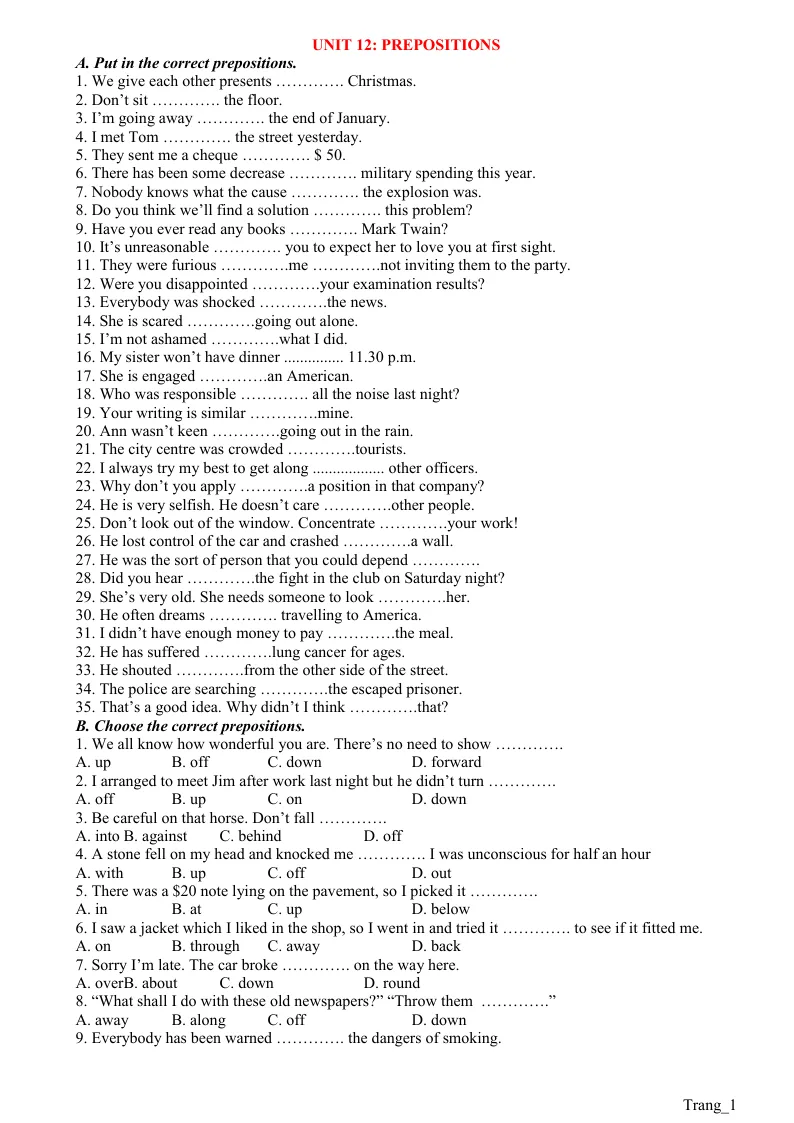 Bài Tập Chuyên Đề 12 Prepositions Có Đáp Án Ôn Thi Vào Lớp 10