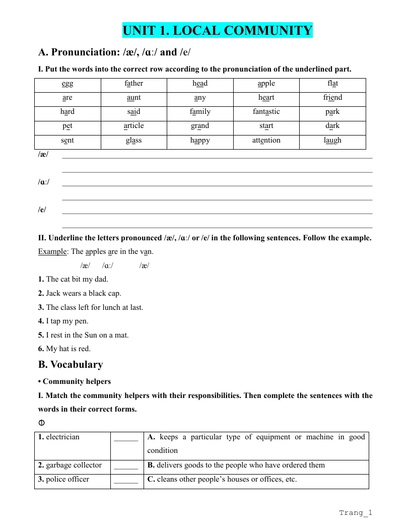 Bài Tập Tăng Cường Tiếng Anh 9 Global Unit 1 Local Environment