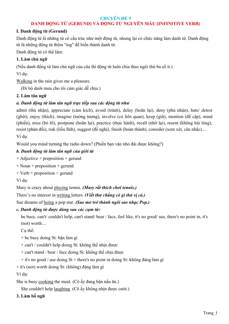 Chuyên Đề Ngữ Pháp Tiếng Anh: Chuyên Đề 9 Danh Động Từ (Gerund) Và Động Từ Nguyên Mẫu (Infinitive Verb)