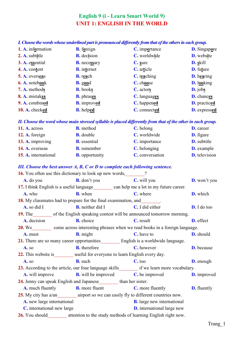 Bài Tập Anh 9 i - Learn Smart World Unit 1 English In The World