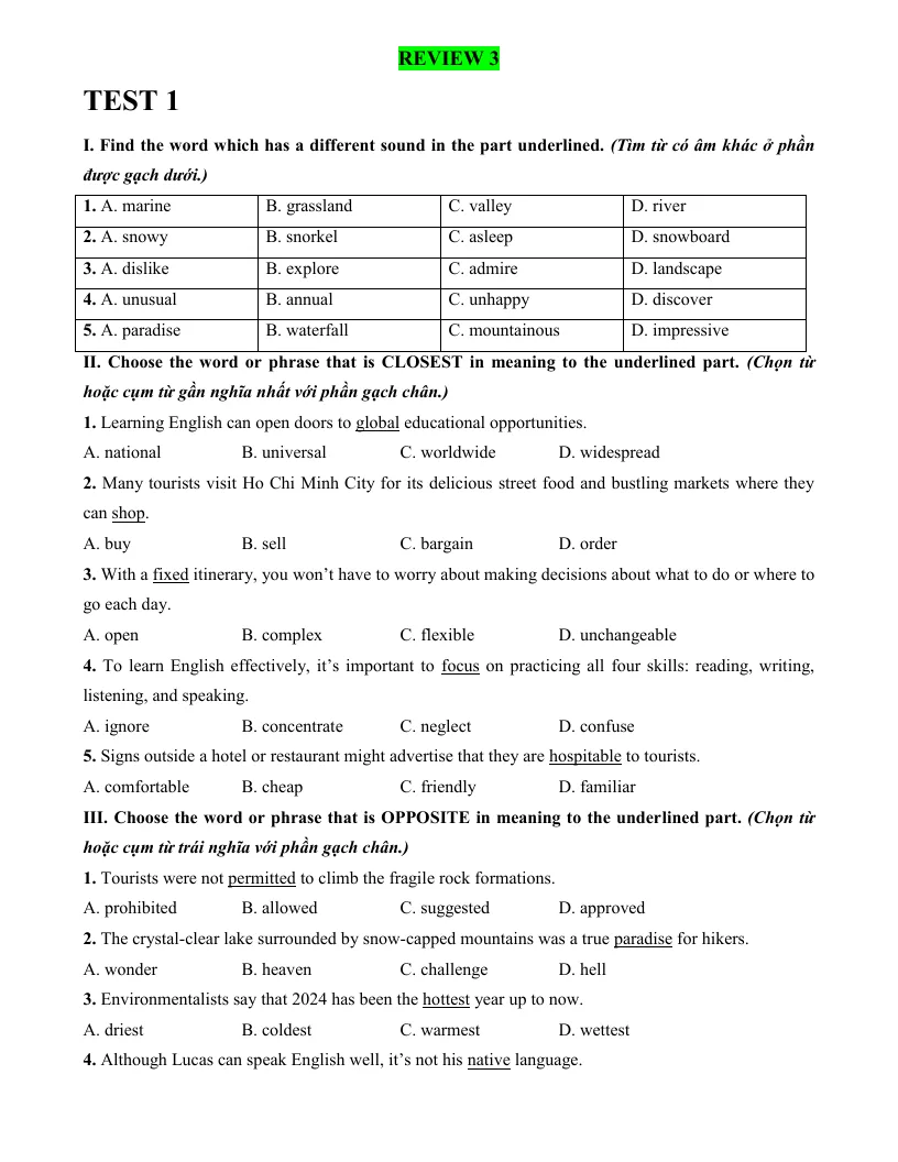 Bài Tập Tiếng Anh 9 Review 3