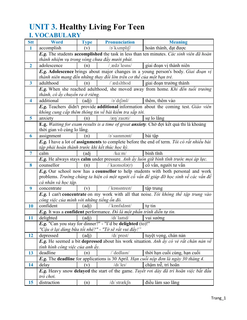 Bài Tập Chuyên Sâu Tiếng Anh 9 Unit 3 Healthy Living For Teen