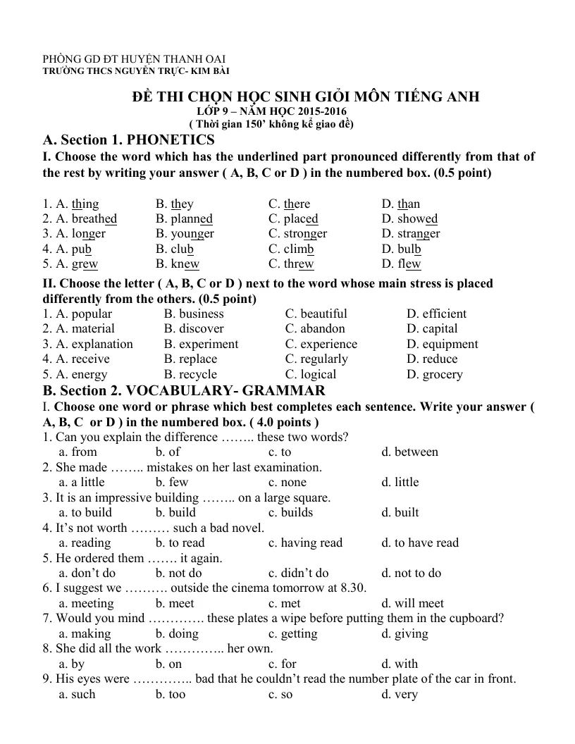 Đề Thi Chọn HSG Tiếng Anh 9 Trường THCS Nguyễn Trực 2018 - 2019