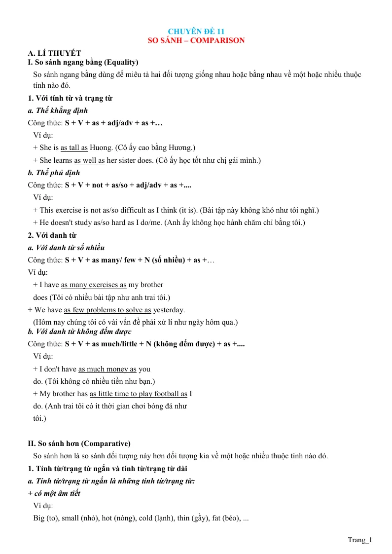 Chuyên Đề Ngữ Pháp Tiếng Anh: Chuyên Đề 11 So Sánh–Comparison
