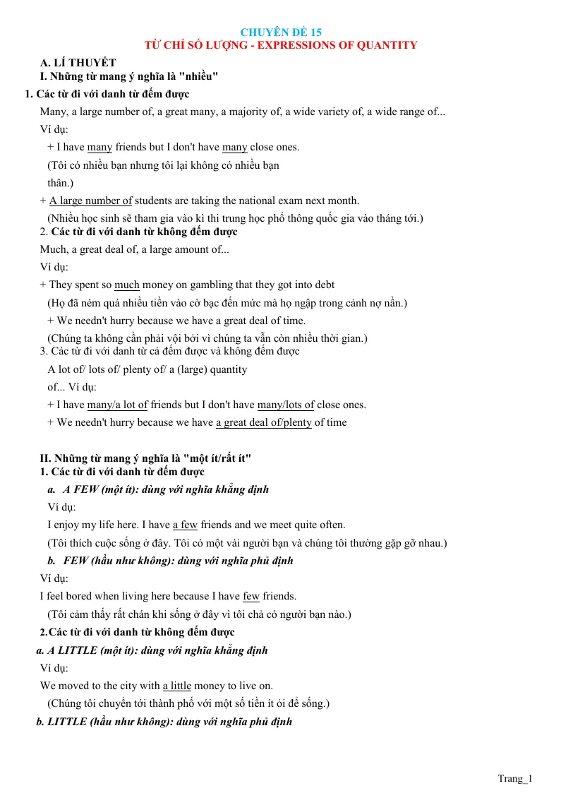 Chuyên Đề Ngữ Pháp Tiếng Anh: Chuyên Đề 15 Từ Chỉ Số Lượng - Expressions Of Quantity