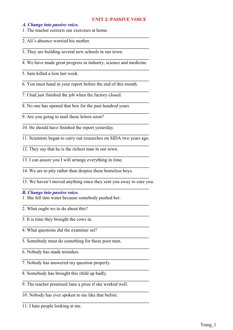Bài Tập Chuyên Đề 2 Passive Voice - Câu Bị Động Có Đáp Án Ôn Thi Vào Lớp 10