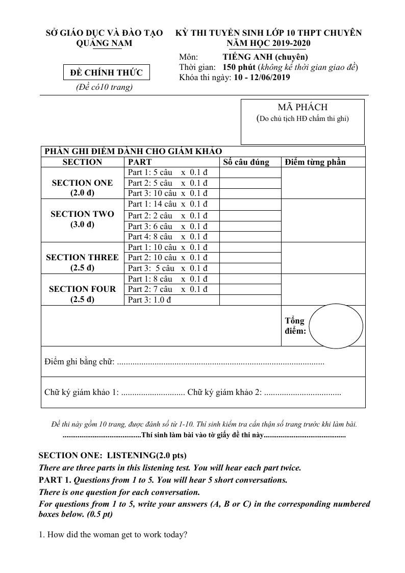 Đề Thi Tuyển Sinh 10 Chuyên Môn Tiếng Anh Chuyên Sở GD Quảng Nam 2019 - 2020