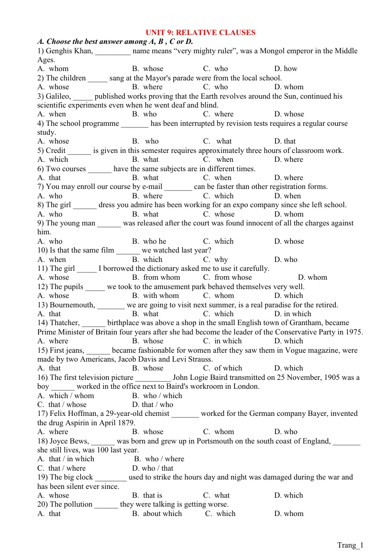 Bài Tập Chuyên Đề 9 Relative Clauses Có Đáp Án Ôn Thi Vào Lớp 10