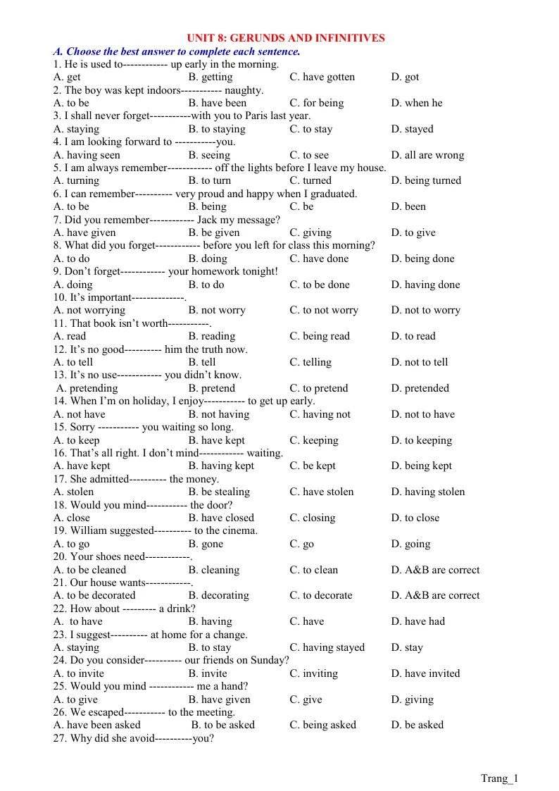 Bài Tập Chuyên Đề 8 Gerunds And Infinitives Có Đáp Án Ôn Thi Vào Lớp 10
