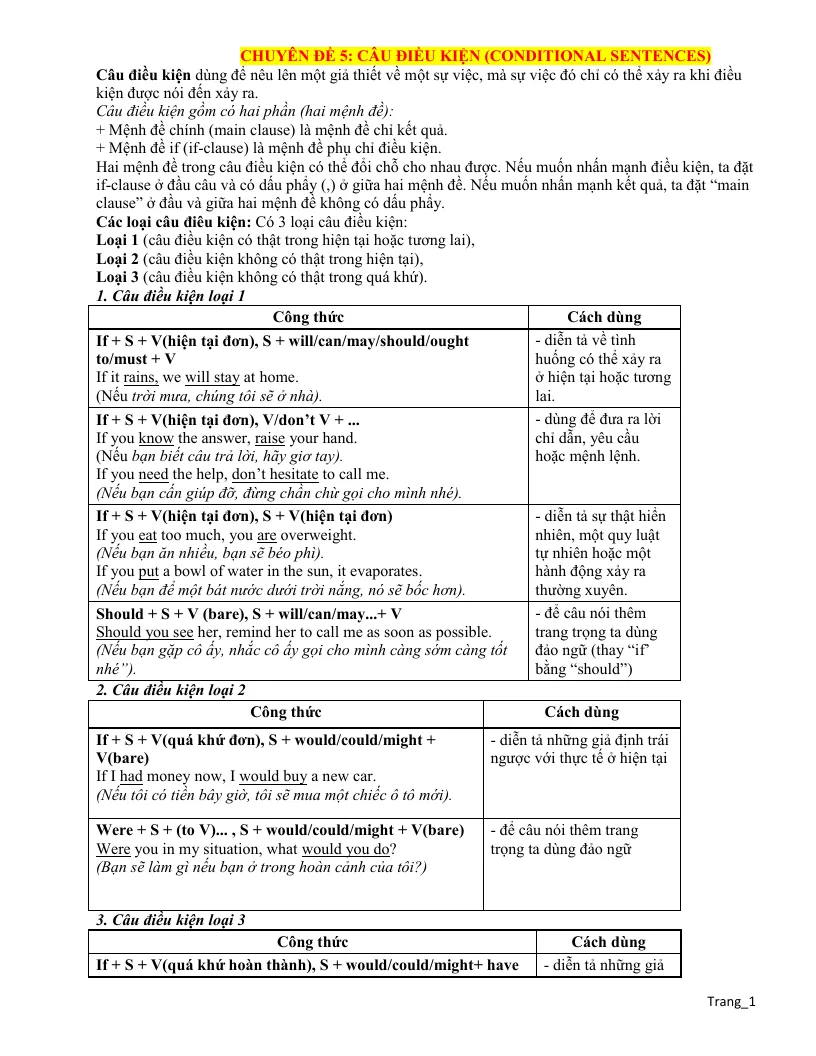 Chuyên Đề Câu Điều Kiện Trong Tiếng Anh Ôn Thi Vào 10