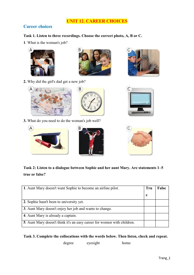Bài Tập Bổ Trợ Anh 9 Global Unit 12 Career Choices Có Đáp Án Và File Nghe