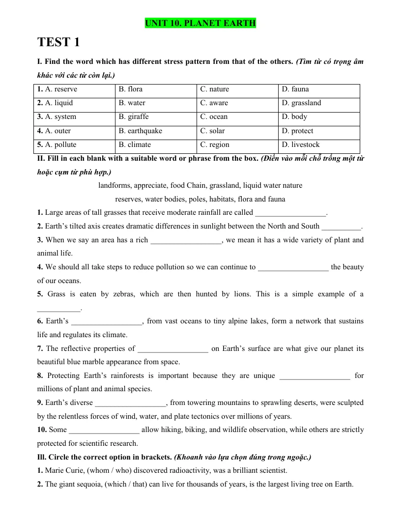 Bài Tập Tiếng Anh 9 Unit 10 Planet Earth