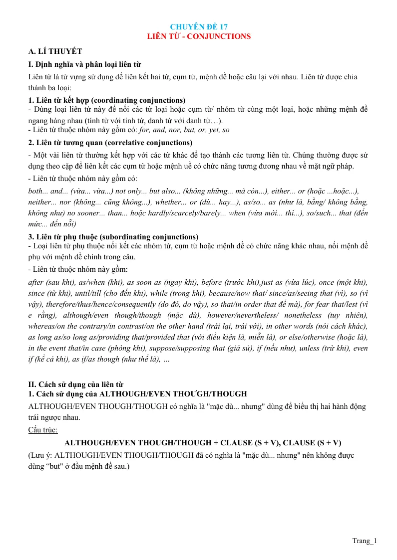 Chuyên Đề Ngữ Pháp Tiếng Anh: Chuyên Đề 17 Liên Từ - Conjunctions