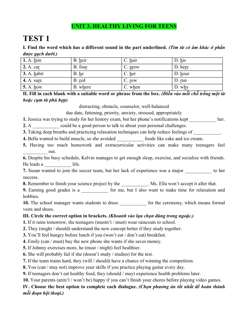 Bài Tập Tiếng Anh 9 Unit 3 Healthy Living For Teens