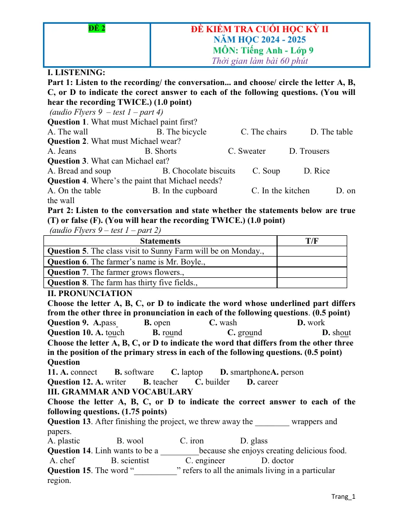Đề Kiểm Tra HK 2 Tiếng Anh 9 Có Đáp Án Và File Nghe - Đề 2