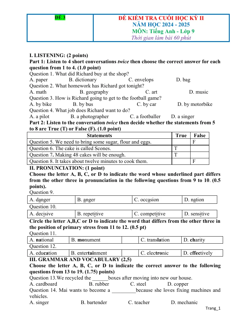 Đề Thi HK 2 Tiếng Anh 9 Có Đáp Án Và File Nghe - Đề 3